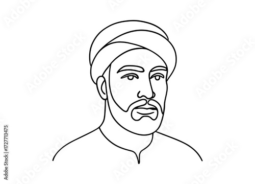 Minimalist continuous line art of a historical figure with turban and beard