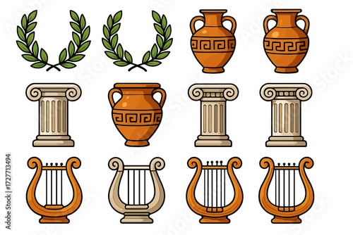 Ancient greek symbols: laurel wreaths, amphoras, ionic columns, and lyres