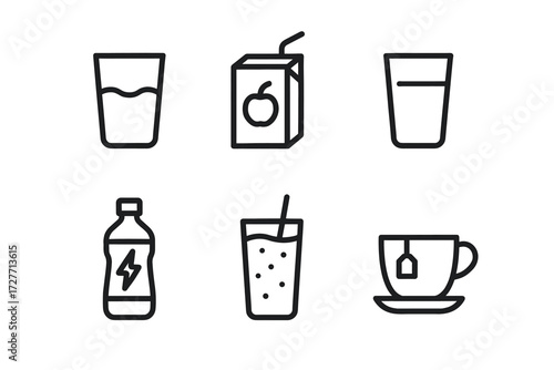 Icon set of beverages: water, juice, bottle, soft drink, tea cup