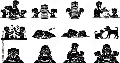 Funny food cartoon illustrations, children and adults eating, crying, fighting, sleeping at table, humorous dining habits, family mealtime, vector art