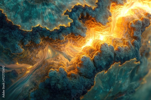 Abstract art depicting a fiery, glowing chasm within a textured, teal and gold landscape.