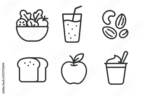 Line icons of healthy foods: salad, juice, nuts, bread, apple, yogurt