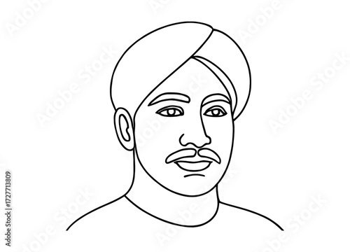 Minimalistic linear portrait of man wearing turban with mustache