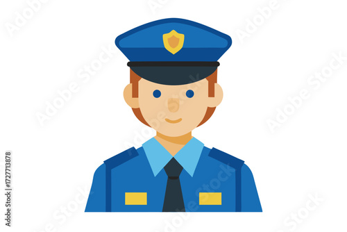 Portrait features a smiling Caucasian officer wearing his dark blue uniform and matching hat