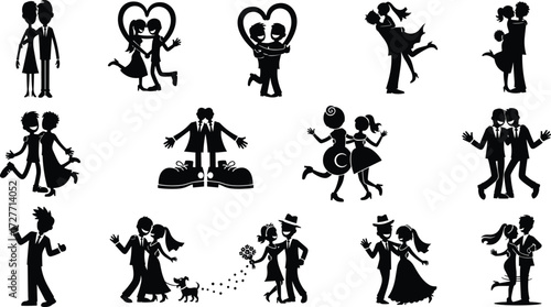 Romantic couple silhouettes, dancing, hugging, kissing, love poses, companionship, celebration, wedding romance, affectionate embrace, vector illustration design