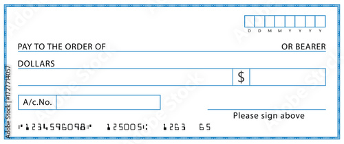 Empty money cheque. Bank check. check book template with pattern and blank fields. Currency payment coupon, US dollar check background.