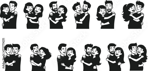 Romantic couple silhouettes, hugging, leaning, smiling, affectionate poses, love relationship, companionship, intimacy, lifestyle romance, vector illustration design