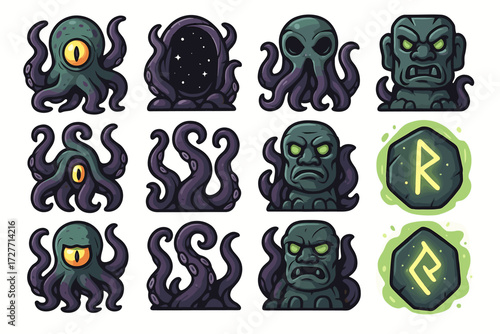 Cthulhu mythos icons: tentacles, runes, and statues