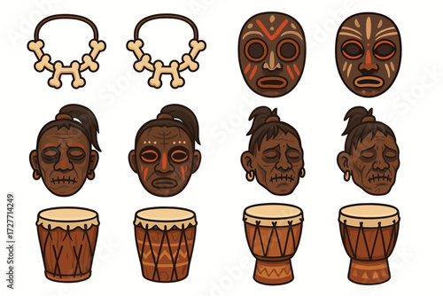African tribal masks and drums with bone necklaces illustration