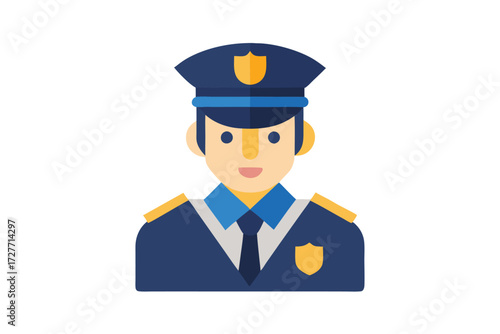Flat art depicts a fairskinned police officer with a blue uniform and badge emblem