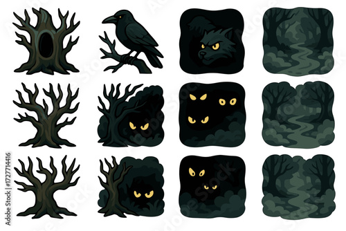 Spooky forest icons: trees, crow, wolf, glowing eyes, foggy paths