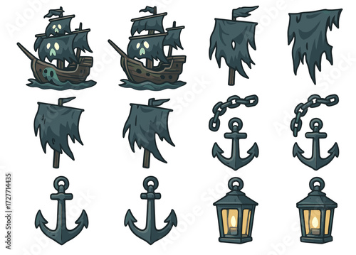 Cartoon ghost pirate ships with anchors, lanterns, and tattered sails