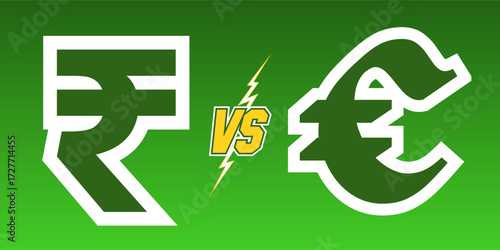 Indian Rupee VS Euro Currency Symbols Showdown on Green Background Financial Competition Exchange Rate Concept International Economy Comparison Money Market Investment.