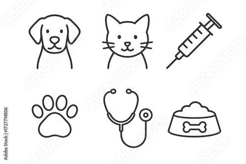 Pet care icons: dog, cat, syringe, paw, stethoscope, food bowl