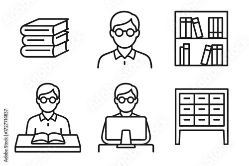 Library icons: male reader at computer with bookshelf and card catalog