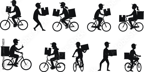 Silhouette illustrations of delivery people, bicycle couriers, package transport, courier service, logistics, urban delivery, shipping concept, vector illustration design