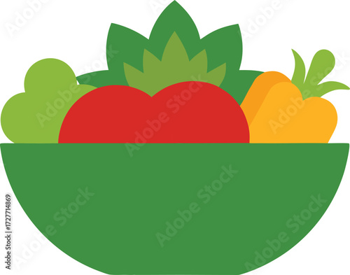 Simple illustration of a green bowl filled with fresh vegetables like tomatoes and lettuce, isolated on white background