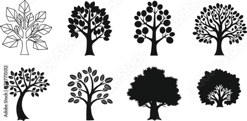 Stylized tree silhouettes, diverse foliage patterns, geometric and abstract designs, botanical illustration, decorative plants, natural forest elements, black vector art