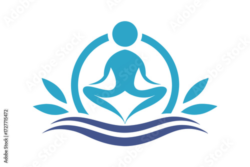 Abstract person sits serenely in blue lotus position above flowing waves and flora