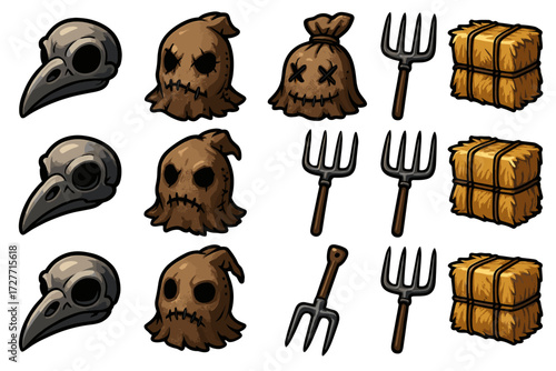 Halloween icons collection: masks, hay bales, pitchforks for spooky themes