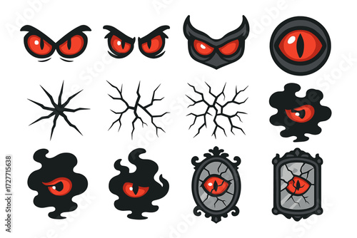Cartoon red monster eyes and broken mirrors with cracks