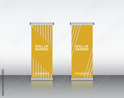 Roll Up Banner – Geometric Standing Banner with Glowing Yellow and Black Striped Pattern, Modern Minimal 3D Design, High Resolution