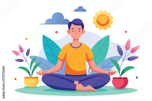 Asian man practices mindfulness while sitting in lotus position among plants and sun