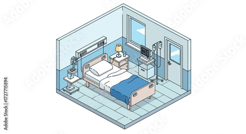 Isometric View of a Modern Hospital Patient Room Interior.