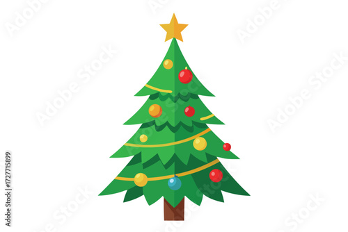 Decorated green Christmas tree features colorful ornaments and a golden star on a white background