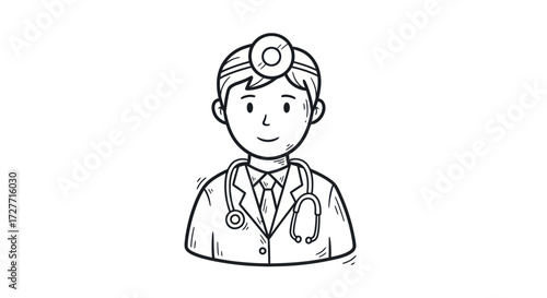 Hand-drawn Illustration of a Smiling Doctor with Stethoscope.