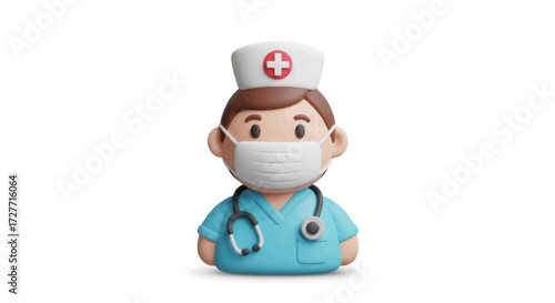Cartoon Nurse Wearing Surgical Mask and Stethoscope.