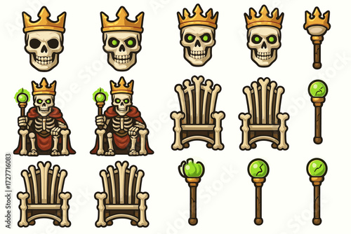 Cartoon skeleton king elements: skulls, crowns, thrones, scepters with green orbs