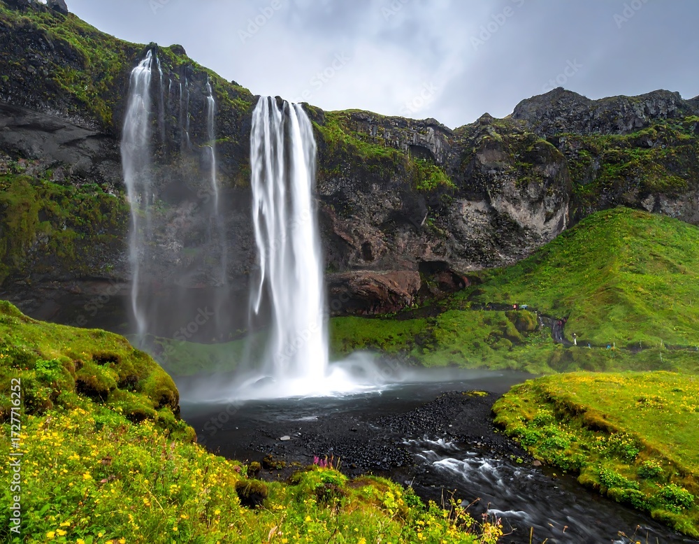 Obraz premium Dramatic waterfall cascading down rocky cliffs