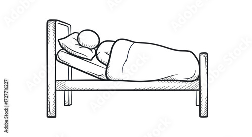 Person sleeping peacefully in a simple wooden bed with a pillow and blanket.