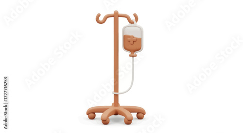 A rolling medical IV drip stand with an intravenous bag containing a brown fluid.