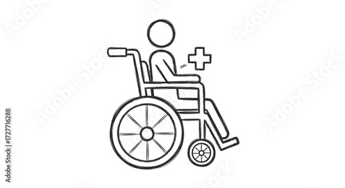 Simple Line Art Icon of a Person in a Wheelchair with a Medical Cross.