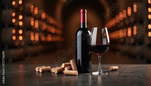 Red wine bottle and glass sit on dark table with scattered corks. Wine cellar background with blurred barrels and warm lights creates elegant mood. Perfect for ads.