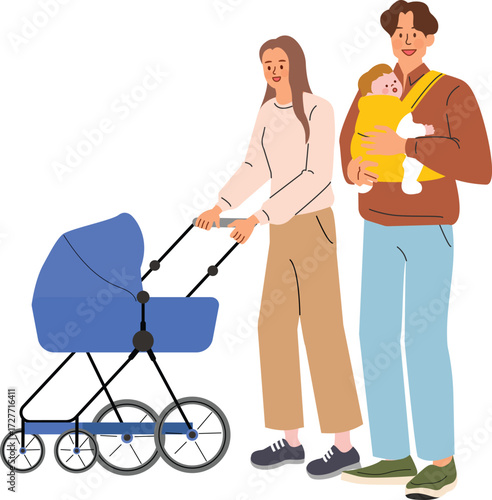 Family with baby stroller and carrier, enjoying a walk together
