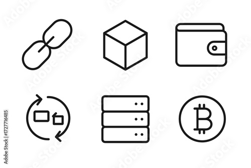 Blockchain and cryptocurrency icons: chain, cube, wallet, process, server, bitcoin