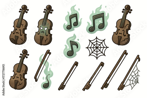 Spooky violin and musical notes with ghostly webs