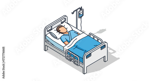 Patient in Hospital Bed with IV Drip Isometric Illustration.
