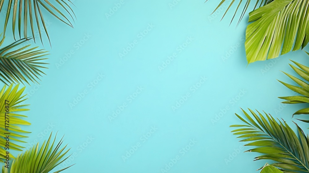 Fototapeta premium Lush tropical palm leaves frame on light blue background