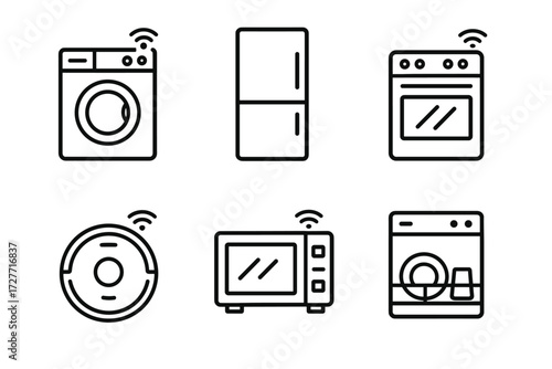 Smart home appliances: washer, fridge, oven, robot vacuum, microwave, dishwasher icons