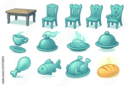 Whimsical ghostly dining set with chairs and dishes