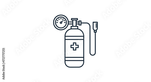 Medical oxygen tank with a pressure gauge and breathing mask simple line art icon.