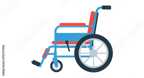 A Blue and Red Wheelchair with Large Rear Wheels and Small Front Casters.