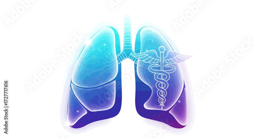 Anatomical Illustration of Human Lungs with Caduceus Symbol.