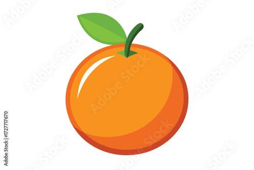 A bright, round orange with green stem and leaf stands against a white background