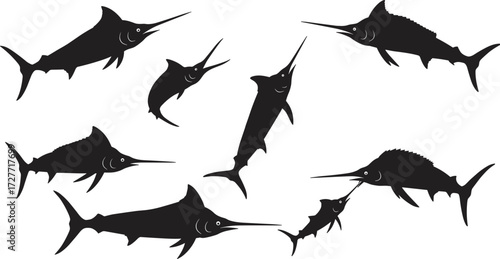 Swordfish silhouette, cartoon fish, black illustration, marine anatomy, aquatic sketch, nature pose, sport fishing concept