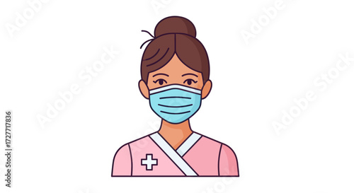 Illustrated Female Healthcare Worker in Mask and Pink Scrubs.